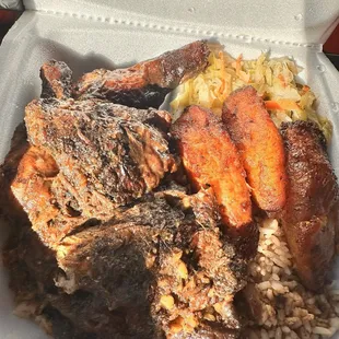 Jerk Chicken, rice and peas, plantains and cabbage!