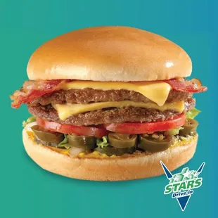 a cheeseburger with bacon and pickles