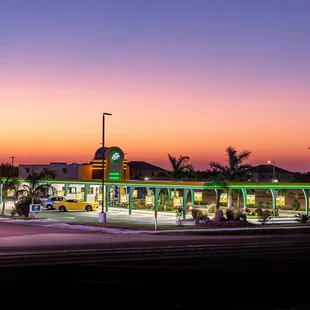 a gas station at dusk
