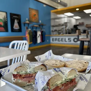 Front - Starship Lox Bagel (everything bagel w/ chives shmear) Back - plain bagel w/ honey almond shmear