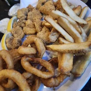 Catfish Dinner with Fries &amp; Onion rings.
