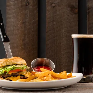 a burger and fries on a plate