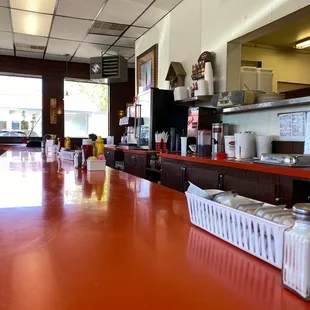 a red counter in a restaurant