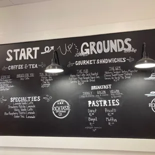 Menu, drinks and good sandwiches and pastries