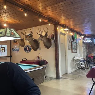 Pool table area, restrooms, vintage deco