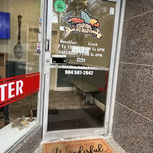 the entrance to a restaurant