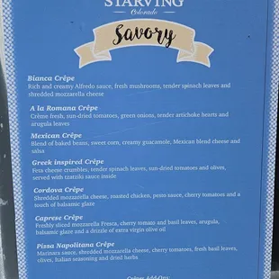 Menu of savory crepes