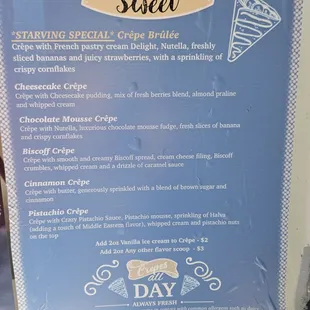 Menu of sweet crepes