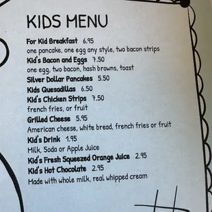 Kids menu. **Drinks NOT included with meal**
