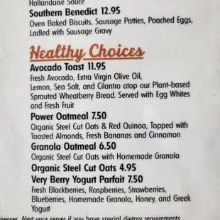 Healthy menu