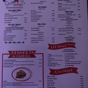 Menu - Specials, Desserts, Lil StarZ &amp; a La StarZ
