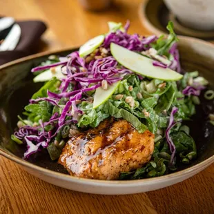 Super Green Salad with Soy Maple Glazed Salmon at State and Lake Chicago Tavern