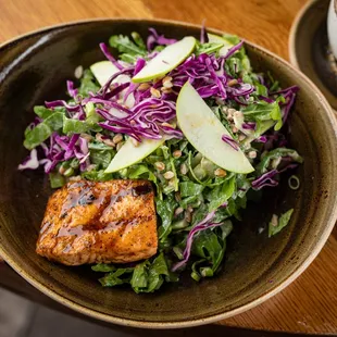 Super Green Salad with Soy Maple Glazed Salmon at State and Lake Chicago Tavern