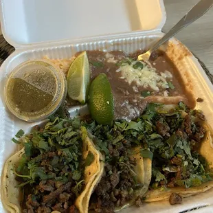 3 Asada Tacos with rice and beans