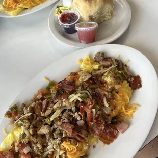 Everything omelette with biscuit and jelly