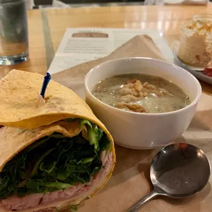 Dusk til Dawn sandwich as a wrap with cup of rosemary potato soup. So delicious.