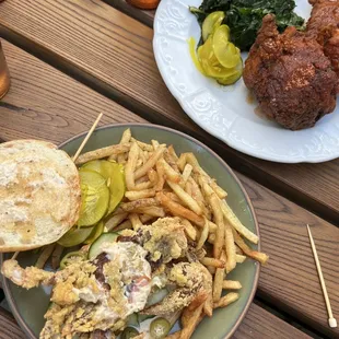 Soft shell crab sandwich; fried chicken