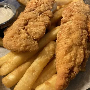 Chicken, tender, and fries