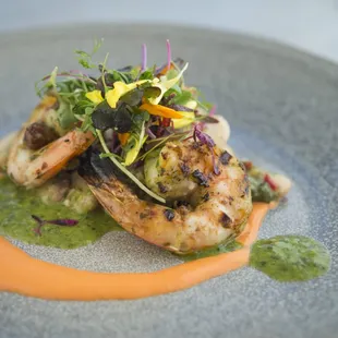 Grilled shrimp and dates with chimichurri sauce