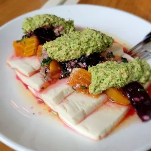 Roasted Baby Beet Salad with silken tofu and peanut-coriander chutney