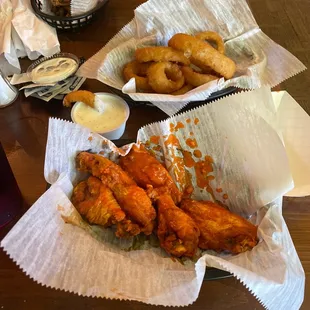 chicken wings, fries, and dips