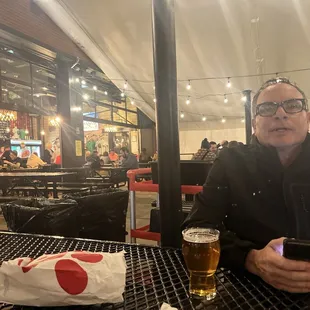 Friday night with a beer waiting for our Blue Pan pizza!! (Chick Fil-a as an app)