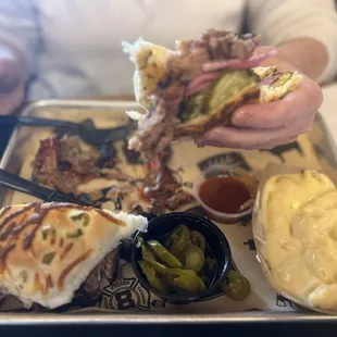 Brisket Sandwich on Jalapeño Roll with Side of Mac&amp;Cheese