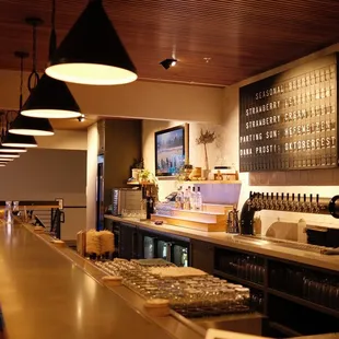 a bar with a long counter