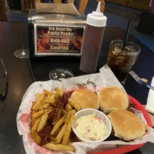 One of each slider, fresh cut fries, coleslaw, rum and Diet Coke, extra BBQ sauce.