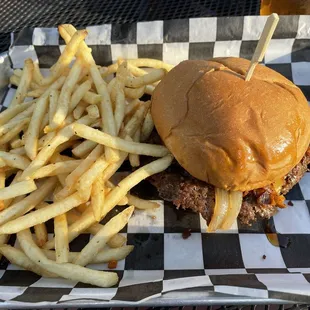 Bourbon bacon cheddar burger and fries.