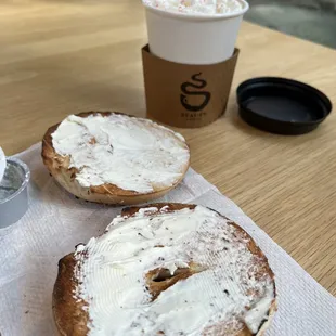 Everything bagel and mocha raspberry coffee