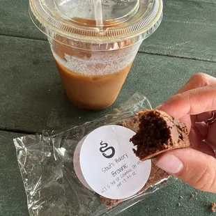 Cold brew with oatmilk and a brownie