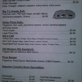 a menu for a sandwich