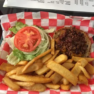 Bacon cheeseburger and fries