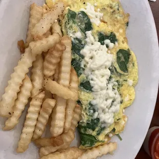 Spinach feta omelette and fries
