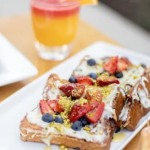 Honey Ricotta French Toast and Orange + Strawberry Juice