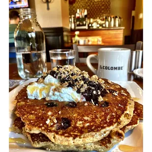 Healthy Start Pancakes. (Oatmeal/Blueberries Pancakes w/Greek Yogurt Granola &amp; Honey) STAX CAFE. Taylor St.Breakfast/Brunch Place.