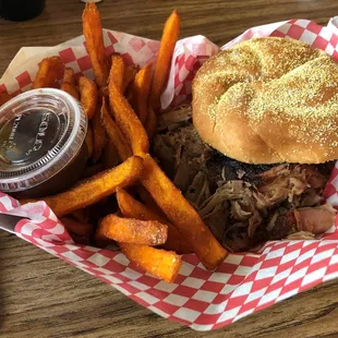 Pulled pork sandwich combo with sweet potato fries
