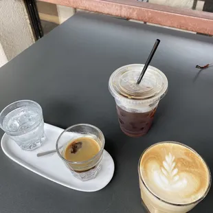 Latte, espresso, iced coffee (flash chilled)