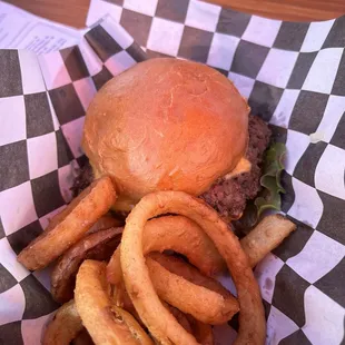 classic double burger with onion rings