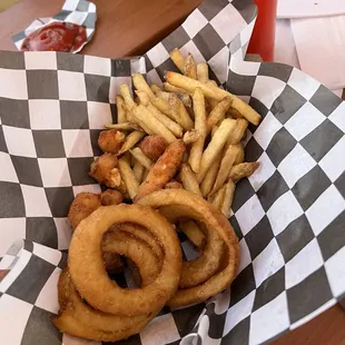 Fries, rings, curds sampler.