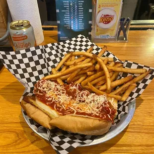 Meatball sandwich and fries!