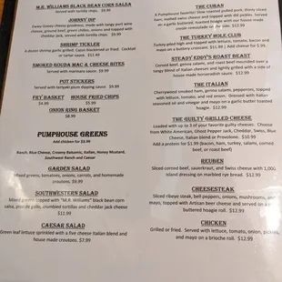 Menu, page 1 (appetizers, salads, and sandwiches), for Steady Eddy's Pumphouse, taken Feb 5, 2024.