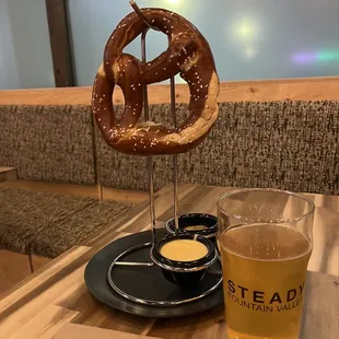 Fresh hot delicious pretzel, beer cheese, great mustard