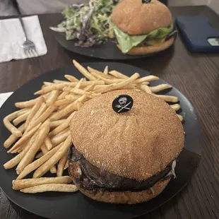 Back is cheeseburger &amp; fries. Front is mushroom burger &amp; fries.