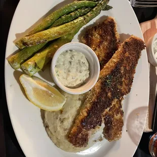Crusted walleye, asparagus and garlic mashed potatoes.
