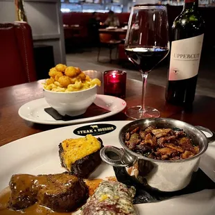 Mac and Cheese. Filet Trio and Brussel Sprouts.