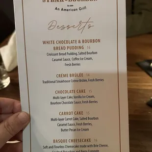 Dessert menu