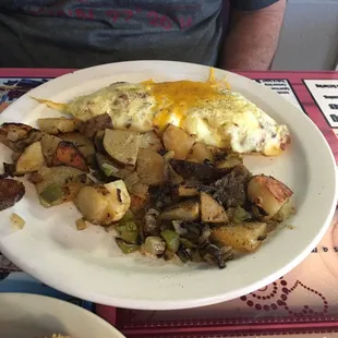 Bacon egg and cheese and onion omelet