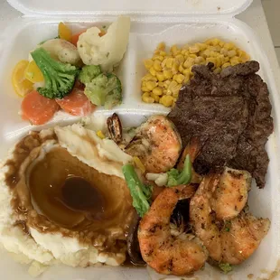 Steak &amp; Shrimp Combo (w/ model of Diamond Head made of mashed potatoes)